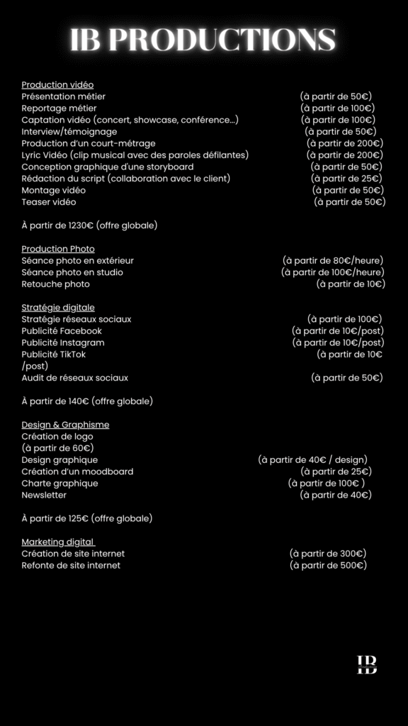 IB PRODUCTIONS GRILLE TARIFAIRE